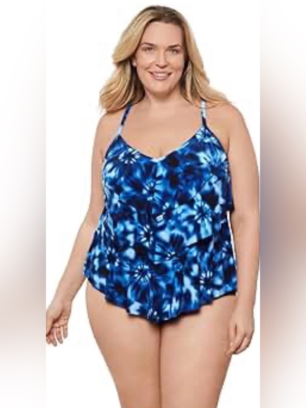 NWT Fullfitall Women's Triple Tier Tankini, Chic Tie Dye Blue, size 16